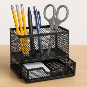 1 Multifunctional Metal Pen Holder with Drawer for Desk Organization and Storage